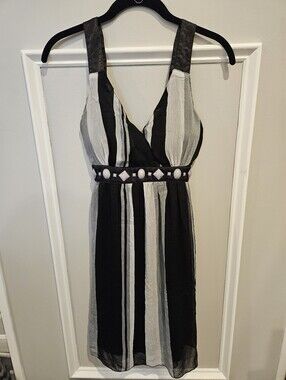 Just Addict Gray, Black & White Striped Sleeveless V-Neck Dress Size Medium